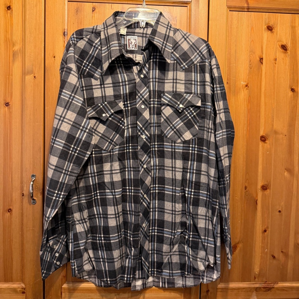 Karman Men's‎ Western Flannel with Pearl Snaps Size 17 Gray/Blue